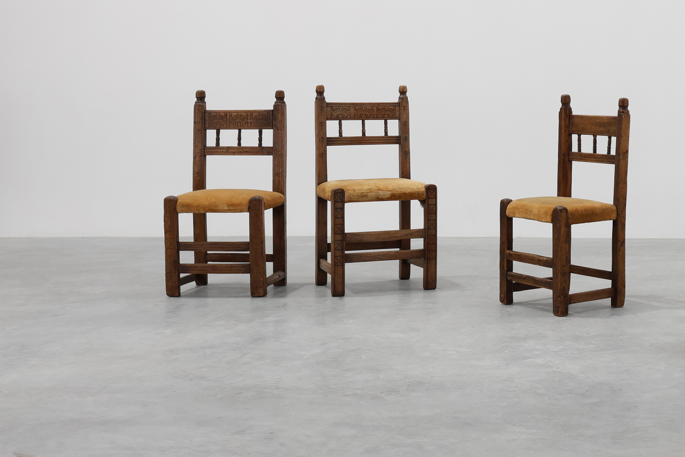 Five 19th Century Spanish Hand-Carved oak Side Chairs with Velour Seatthumbnail